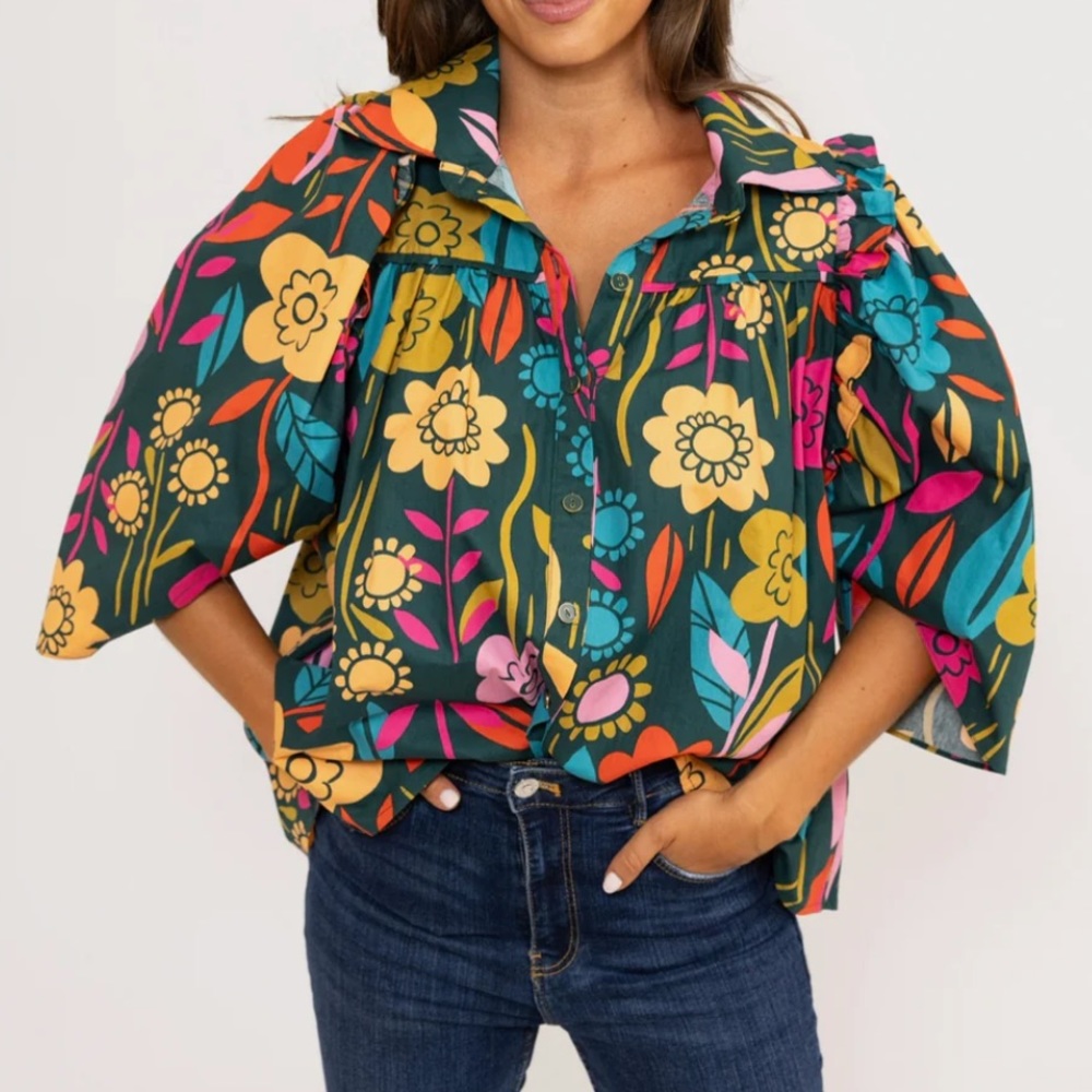 Karlie Retro Floral Garden Button Up Ruffle Top